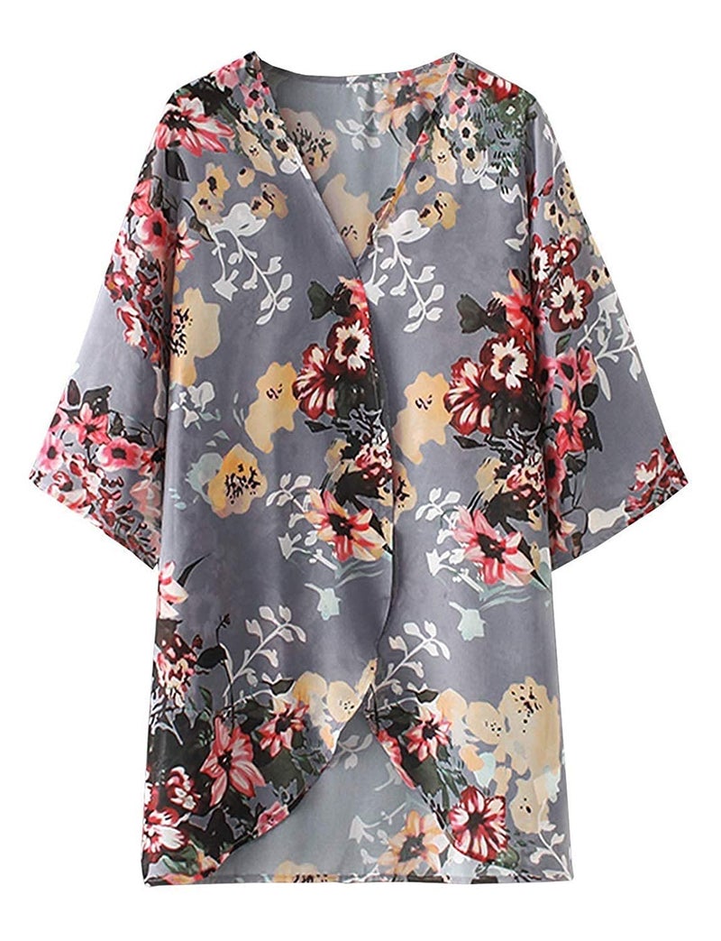 Chunoy Women Casual Summer Chiffon Kimono Cardigan Short Sleeve Beach Wear Cover Up Open Blouse Top Grey Small - Image 5